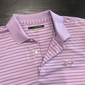Greg Norman Polo Shirt Mens L Purple Golf Striped Short Sleeve Play Dry Pullover